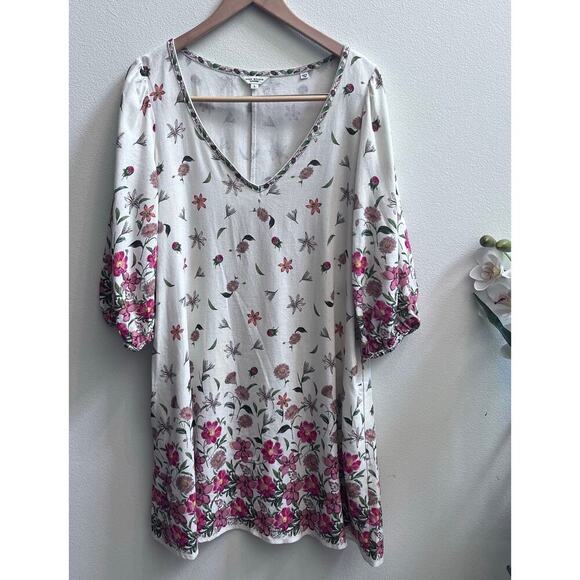 Max Studio Linen V-Neck Floral Printed Puff Sleeve Midi Dress Loose Fit Boho L - Picture 3 of 10